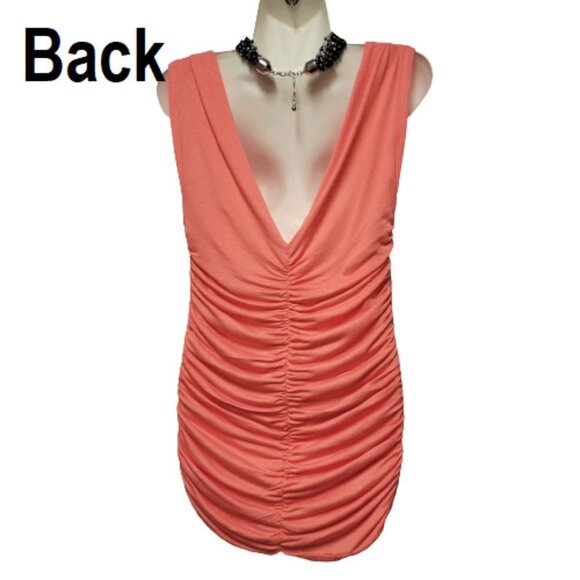 𝅺CORAL Ruched V Neck Low Back Mini Dress Size M  Size L - NWOT - Picture 2 of 7